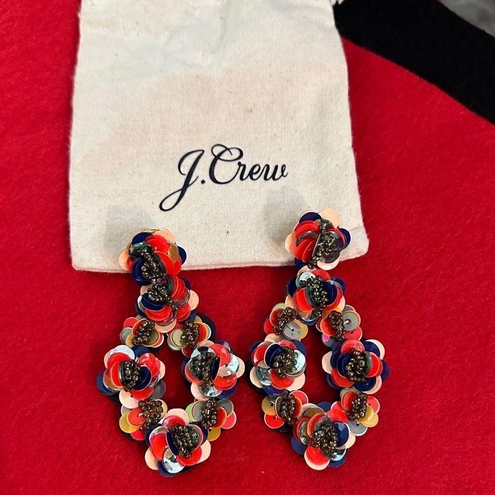 J. Crew Earrings - Vibrant Floral Sequin Petal Leatherback w/ Dustbag (NWOT)